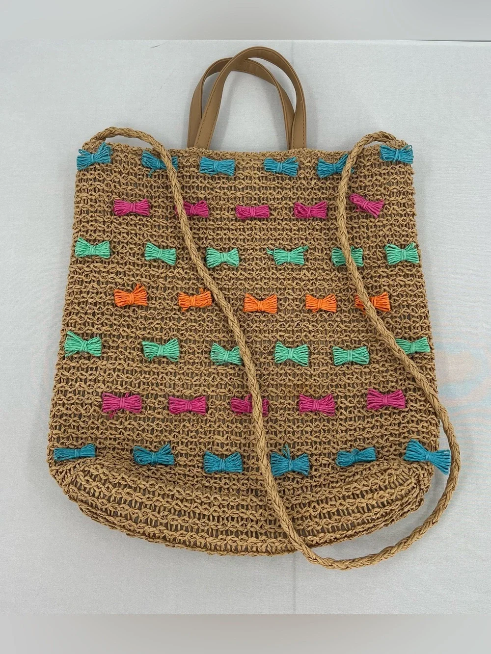 Raffia woven straw colorful Bow Tote Beach Bag euro summer coastal vacation